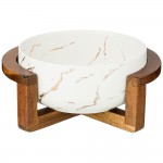 Салатник на деревянной подставке ЗОЛОТОЙ МРАМОР 23*19*10 см белый